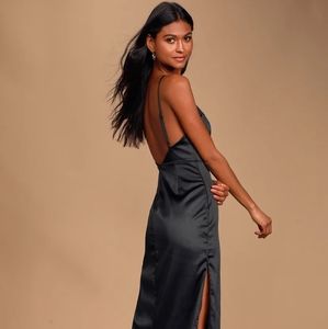 Black Satin Backless Midi Dress
